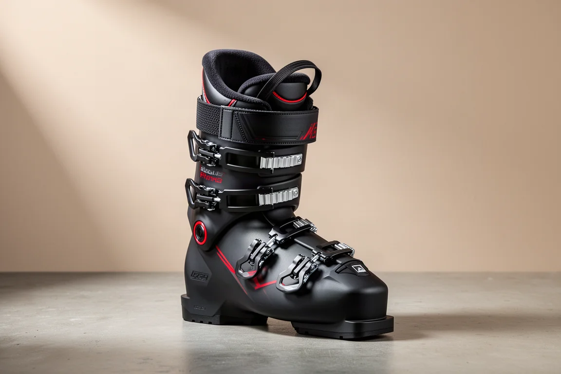 Wide-volume alpine ski boot with black shell and red cuff accents standing on concrete