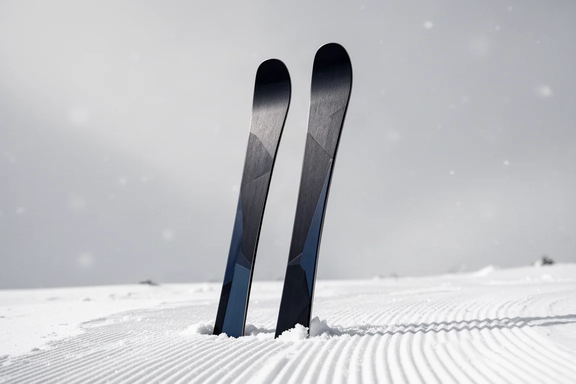 Two frontside skis standing upright on groomed snow in soft winter light