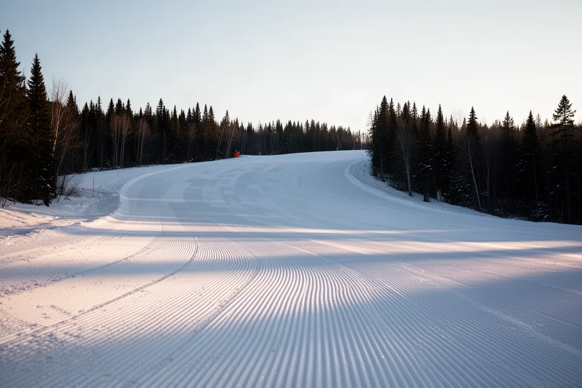 Freizeitskifahrer auf einer präparierten Piste im sanften Morgenlicht