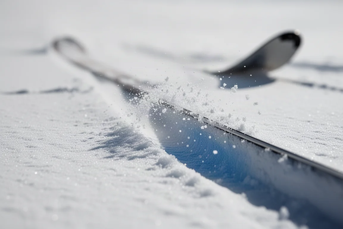Nahaufnahme der Skiseitenwange, des mehrschichtigen Kerns und der Carbon-Streben auf festem Schnee