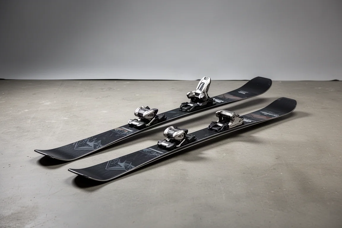 Pair of all-mountain skis with mounted bindings standing on a matte concrete surface