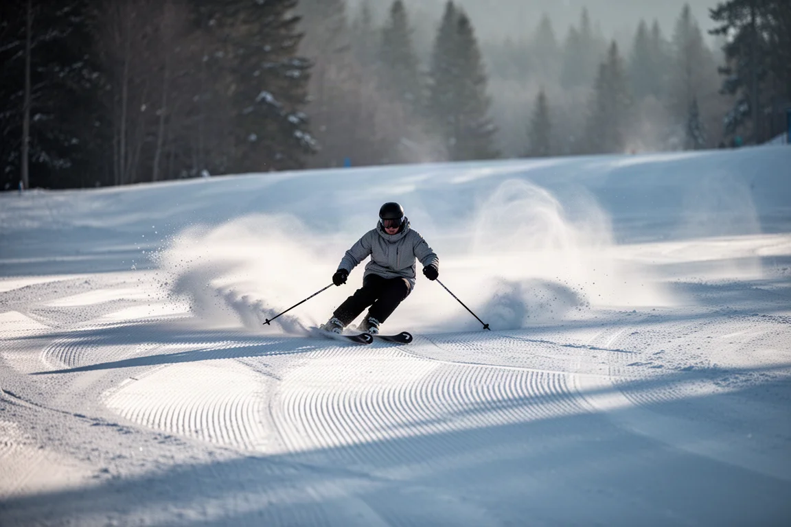 Frisch präparierte Piste mit Buckelwiesen-Spuren im frühen Morgenlicht