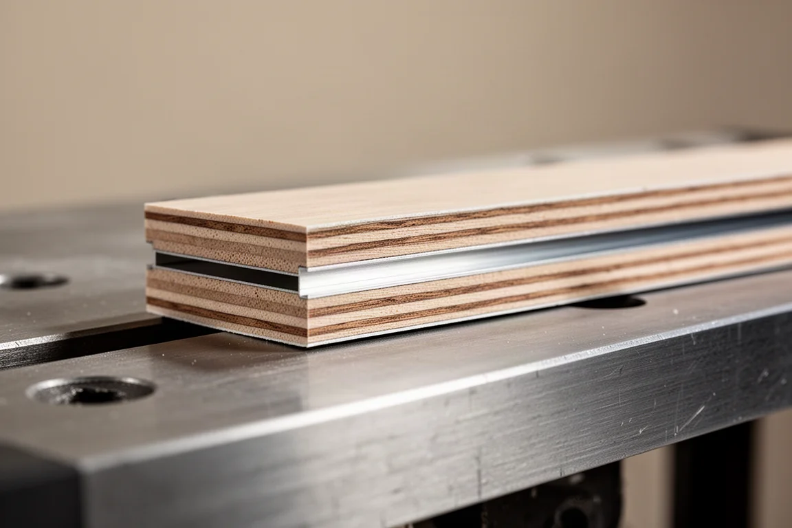 Nahaufnahme der Skiseitenwand mit sichtbaren Holzkern-Schichten und Metallplatte
