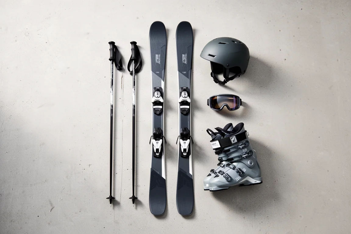 Skier stehen im Rack vor einer Berghütte bei Sonnenaufgang