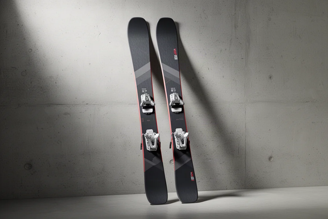 Nordica Steadfast 85 all-mountain ski standing upright on a concrete surface