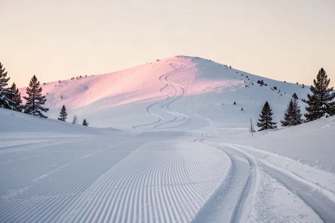 Piste alpine damée aux premières lueurs avec des traces de ski serpentant vers une crête lointaine
