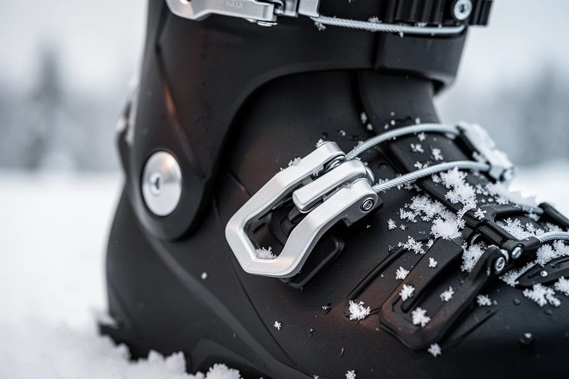 Gros plan sur un levier de boucle de chaussure de ski avec des cristaux de neige dans les interstices