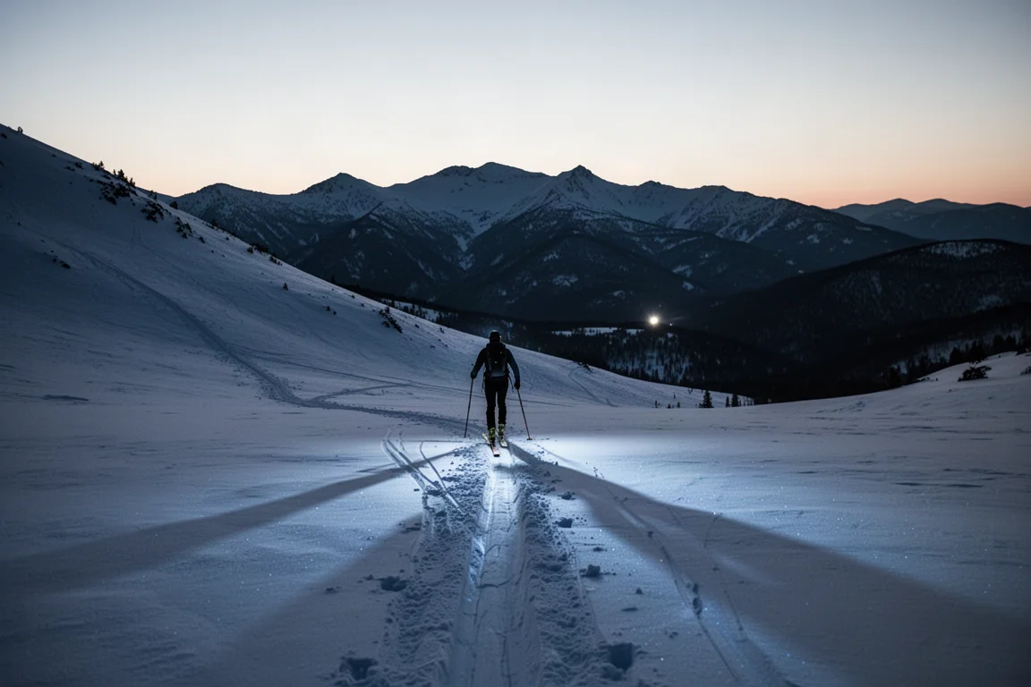 Randonneuse à ski gravissant une large pente enneigée sur une trace de peaux au crépuscule
