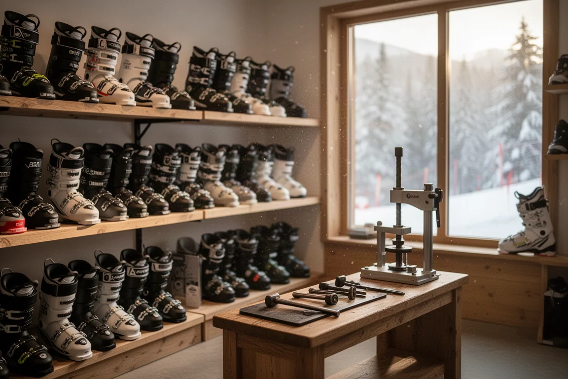 Intérieur d'une boutique de ski en montagne avec des chaussures sur des étagères en bois et une lumière chaude venant de la fenêtre