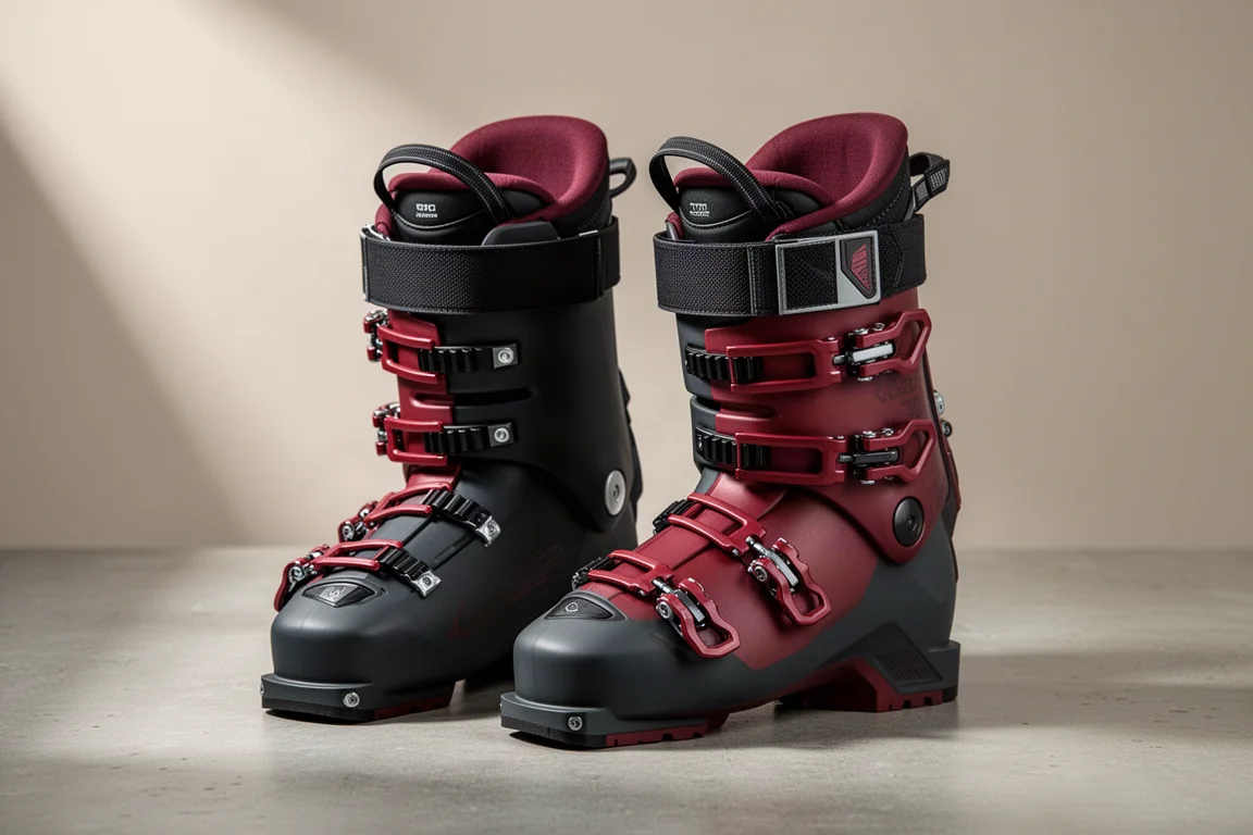 Paire de chaussures de ski hybrides alpine randonnée pour femme avec accents rouges sur une surface en béton