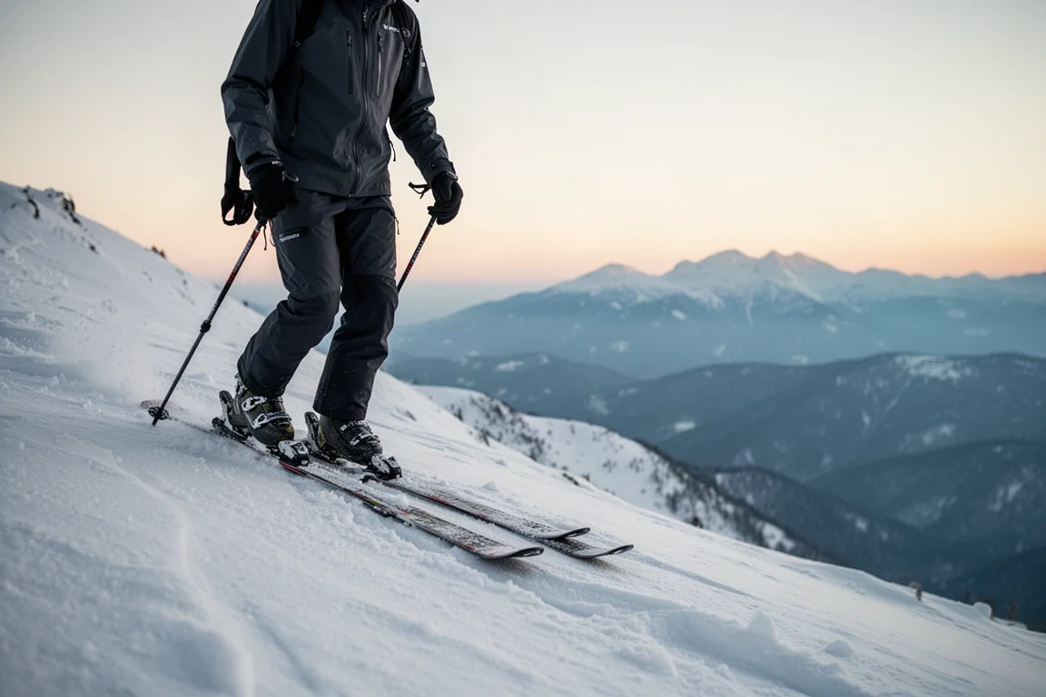 Skifahrer steigt in der Morgendämmerung über einen verschneiten Grat auf