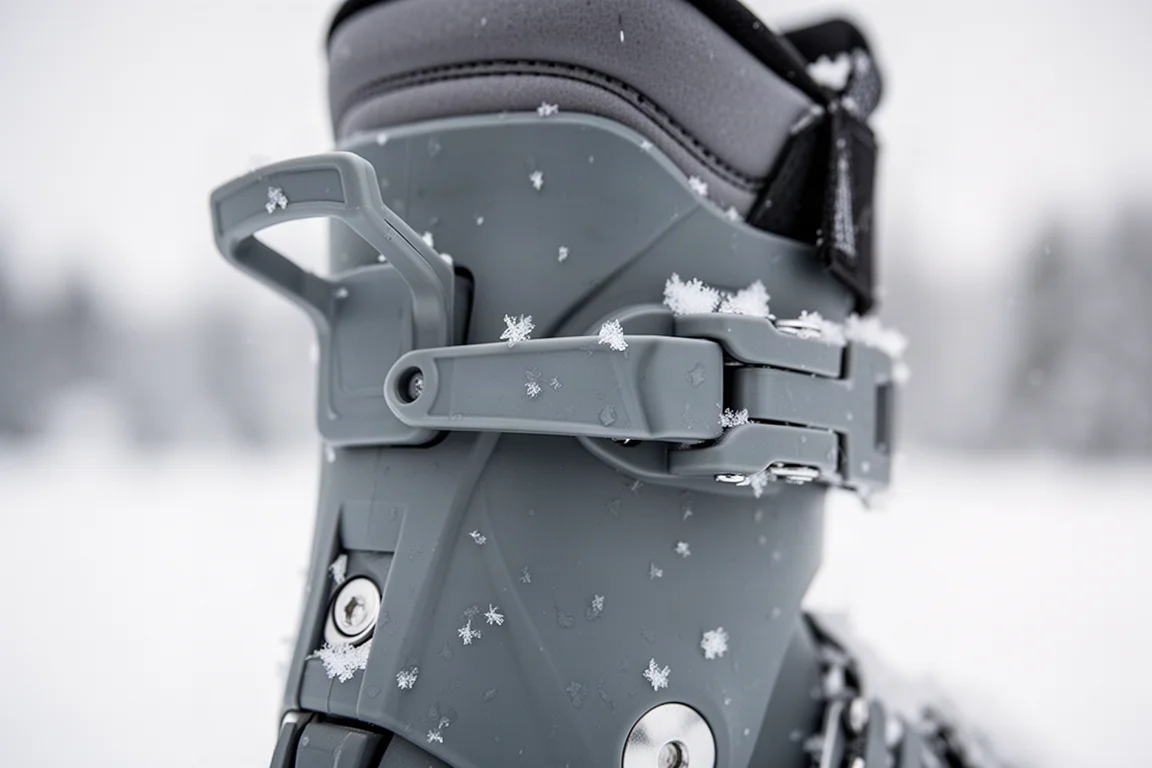 Nahaufnahme eines Walk-Mode-Hebels am hinteren Schaft eines Skischuhs im Schnee