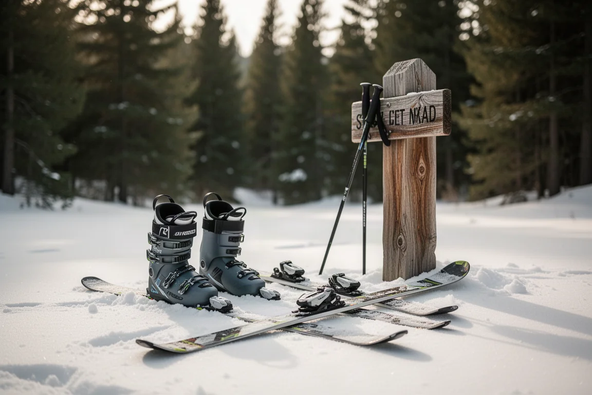 Skischuhe und Skier liegen auf festem Schnee neben einem Wegweiser am Einstieg