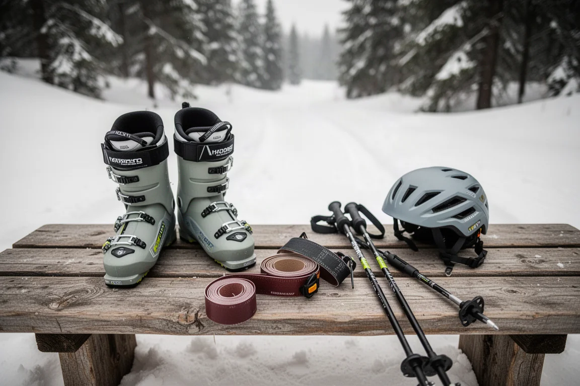 Flat-lay of ski touring gear on a wooden bench with a snowy trail behind