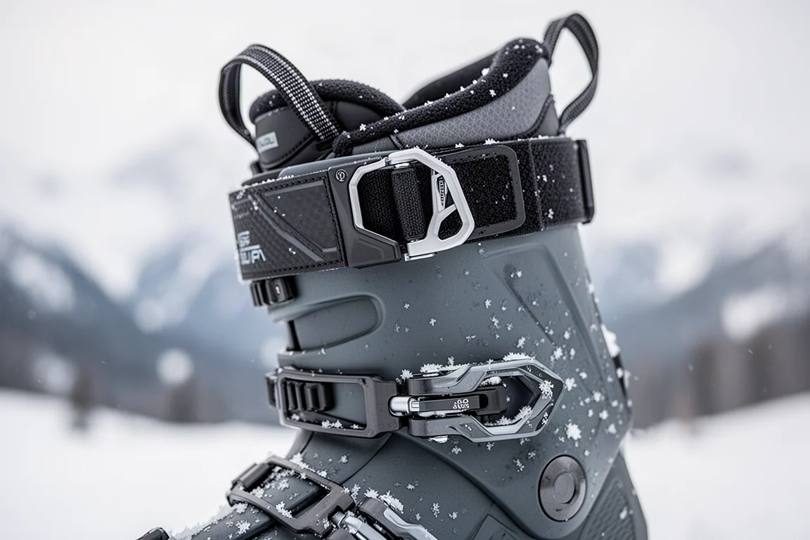 Close-up of ski boot buckles and power strap on a snowy surface