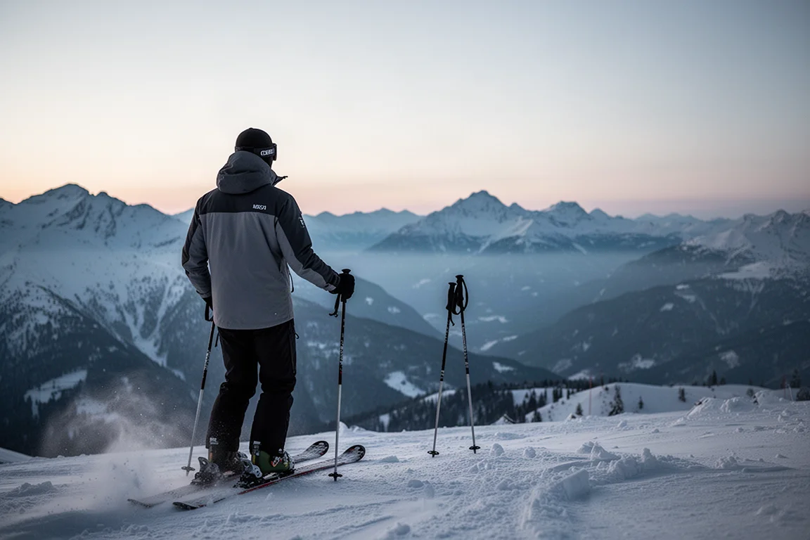 Skier seen from behind on a snowy ridge at dusk with alpine peaks beyond