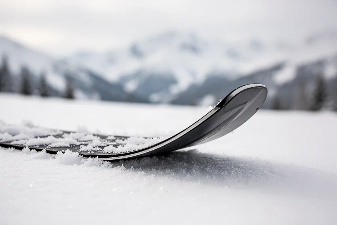 Primo piano del naso a pala e del profilo rocker di uno sci freeride appoggiato nella neve fresca