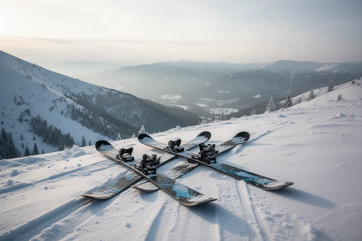 Paar Freeride-Skis auf Pulverschnee an einem Graskamm in der tiefen Wintersonne