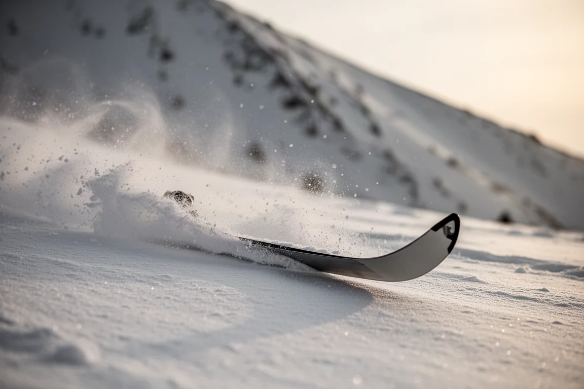 Freeride-Skikante zieht einen Bogen durch verwehten, kreidigen Schnee mit leichter Schneegischt