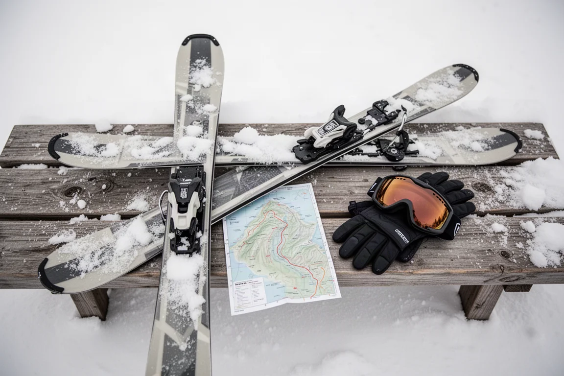Draufsicht auf einen Freeride-Ski, Bindung, Handschuhe, Goggle und Pistenkarte auf einer Holzbank