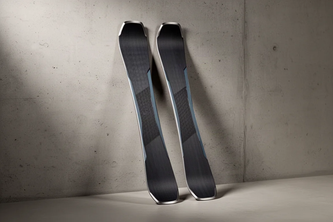Two pairs of 106 mm freeride skis leaning against a matte concrete wall in soft studio light