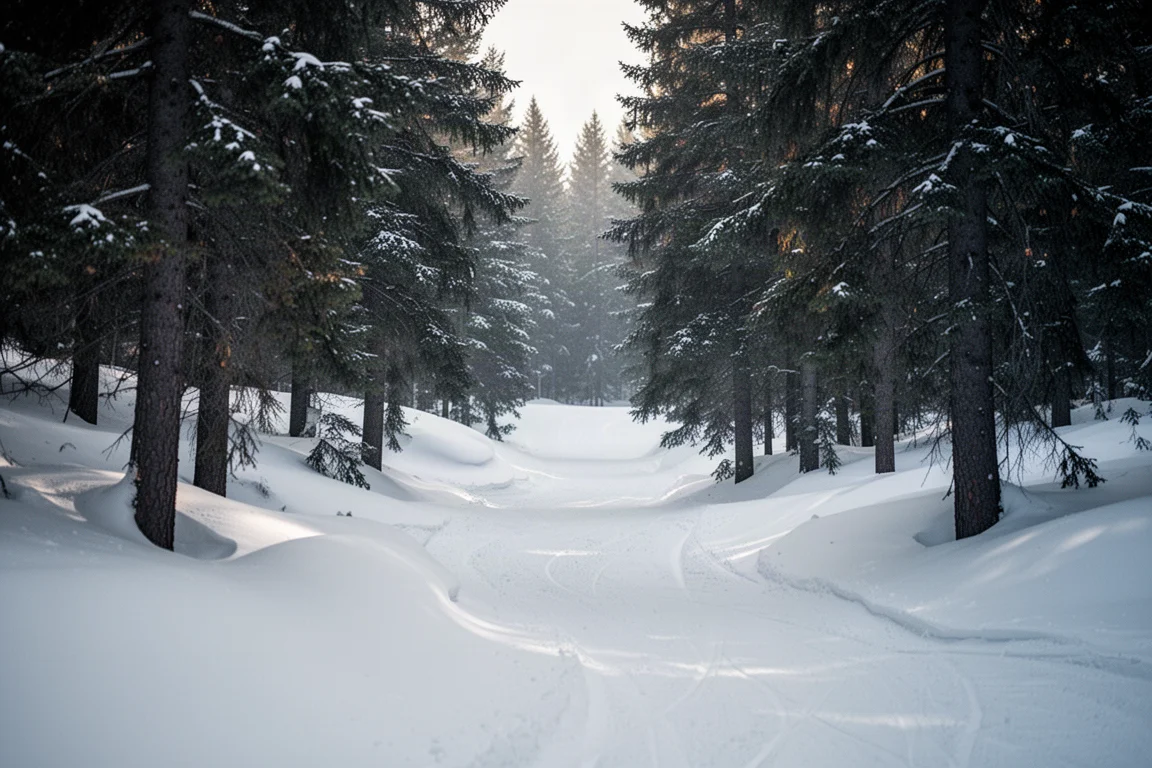 冬日低光下的積雪樹林滑雪道,常綠樹幹之間堆起粉雪雪丘
