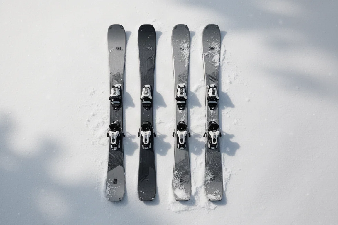 兩對 freeride 滑雪板平放在雪地上,展示不同長度