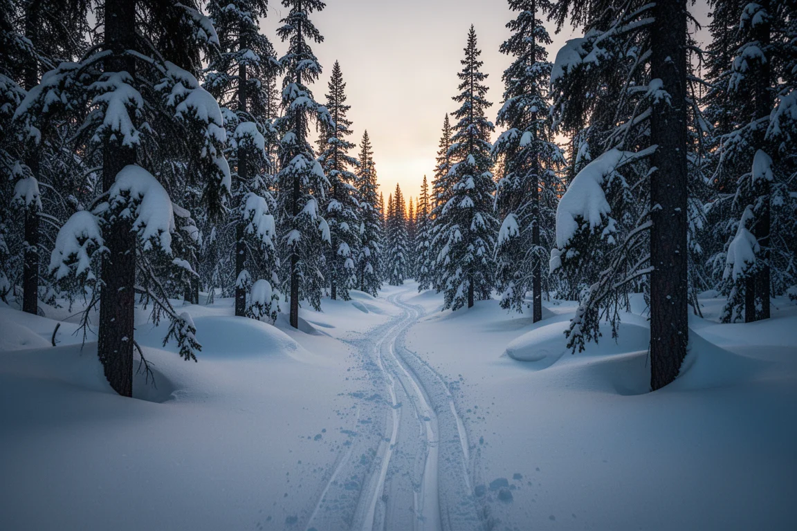 黃昏時分穿越積雪常綠樹林的狹窄樹林滑雪路線,雪面留有滑痕
