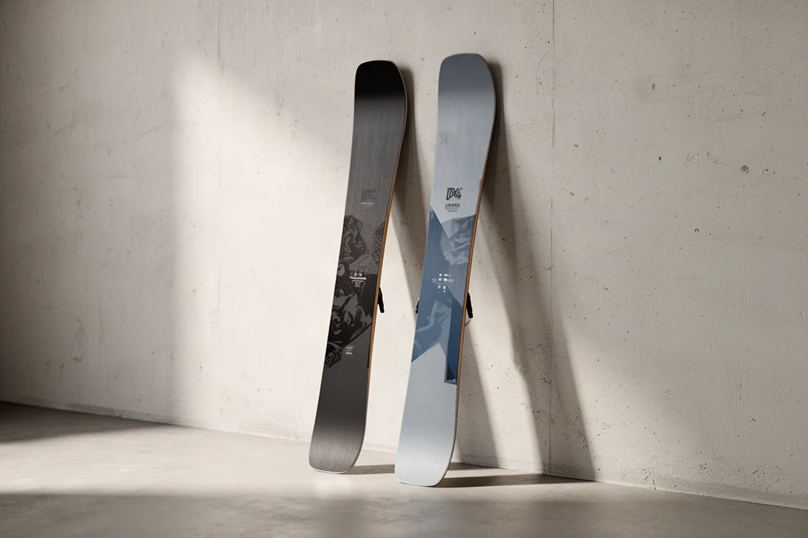 Two pairs of freeride skis leaning against a concrete wall in studio light