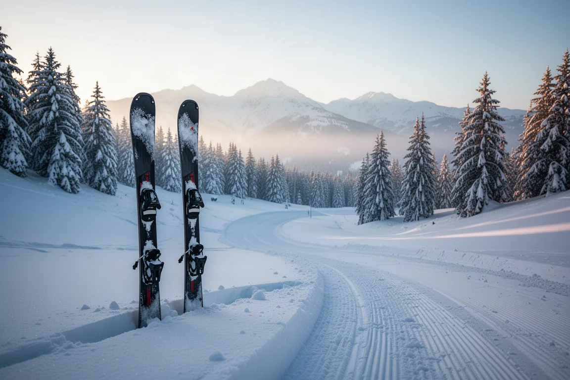 Freeride-Skier stehen bei Sonnenaufgang im unberührten Pulverschnee neben einer präparierten Piste