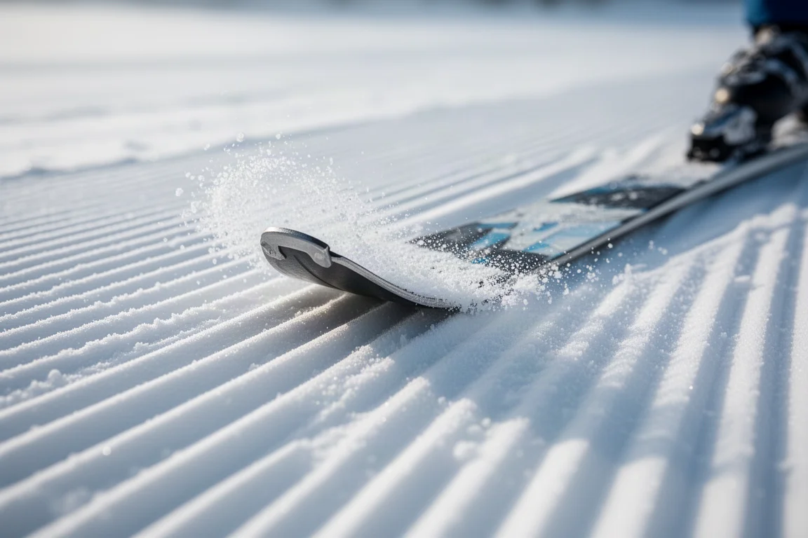 Nahaufnahme aus niedrigem Blickwinkel einer Ski-Kante, die in präparierten Corduroy-Schneide carveht