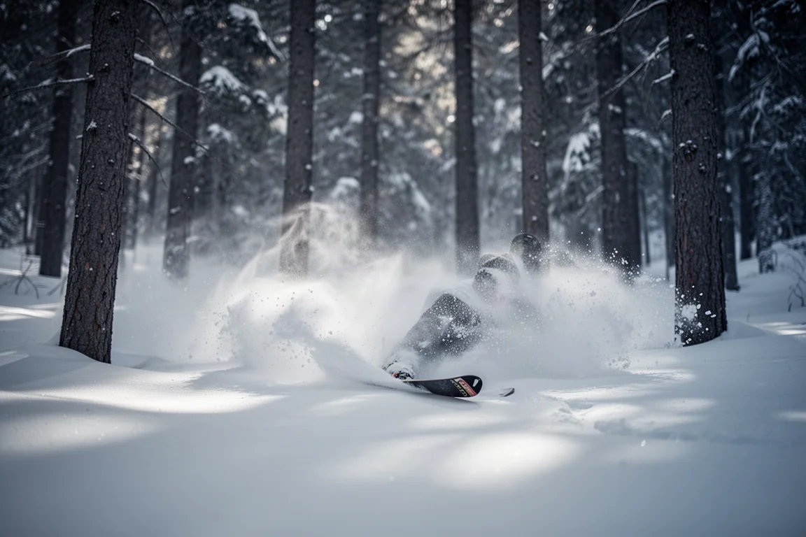 Skier gleiten durch Tiefschnee in einem baumreichen Hang, wobei Schnee aufspritzt