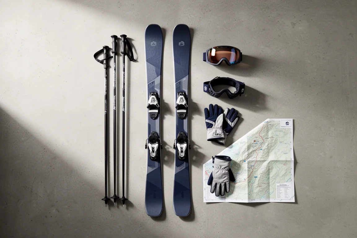 Freeride-Skier, Stöcke, Skibrillen und Handschuhe von oben flach auf Beton arrangiert
