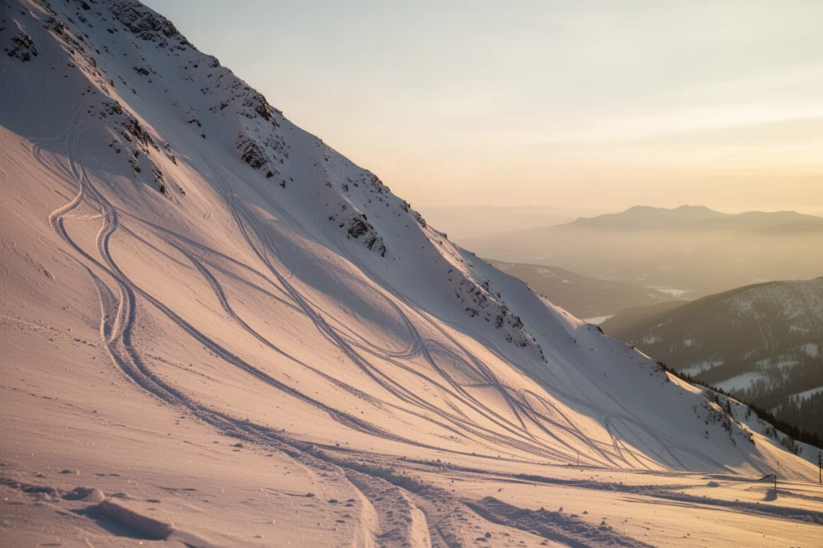 黃金時刻山中陡峭雪坡上的新鮮滑雪痕跡