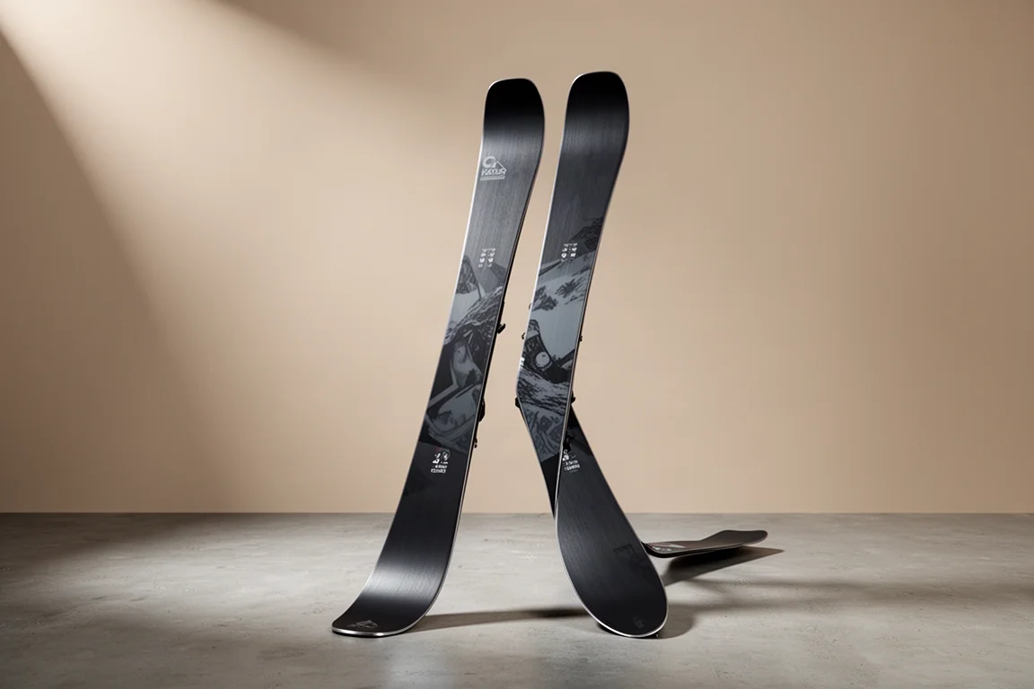 Brede freeride twin tip ski's staand op een mat betonnen oppervlak in zacht studi licht