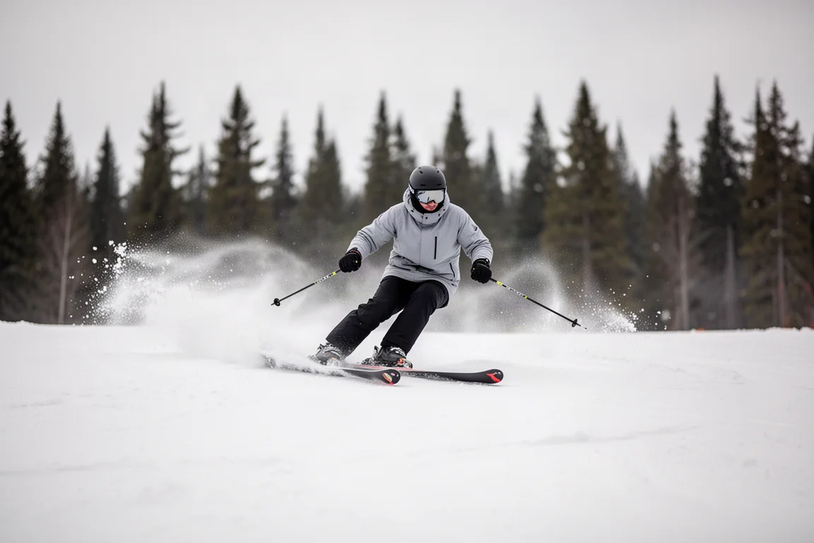 Skifahrer, der mit Twin-Tip-Skis eine präparierte Piste curveert und leichten Schneegiesel aufwirbelt