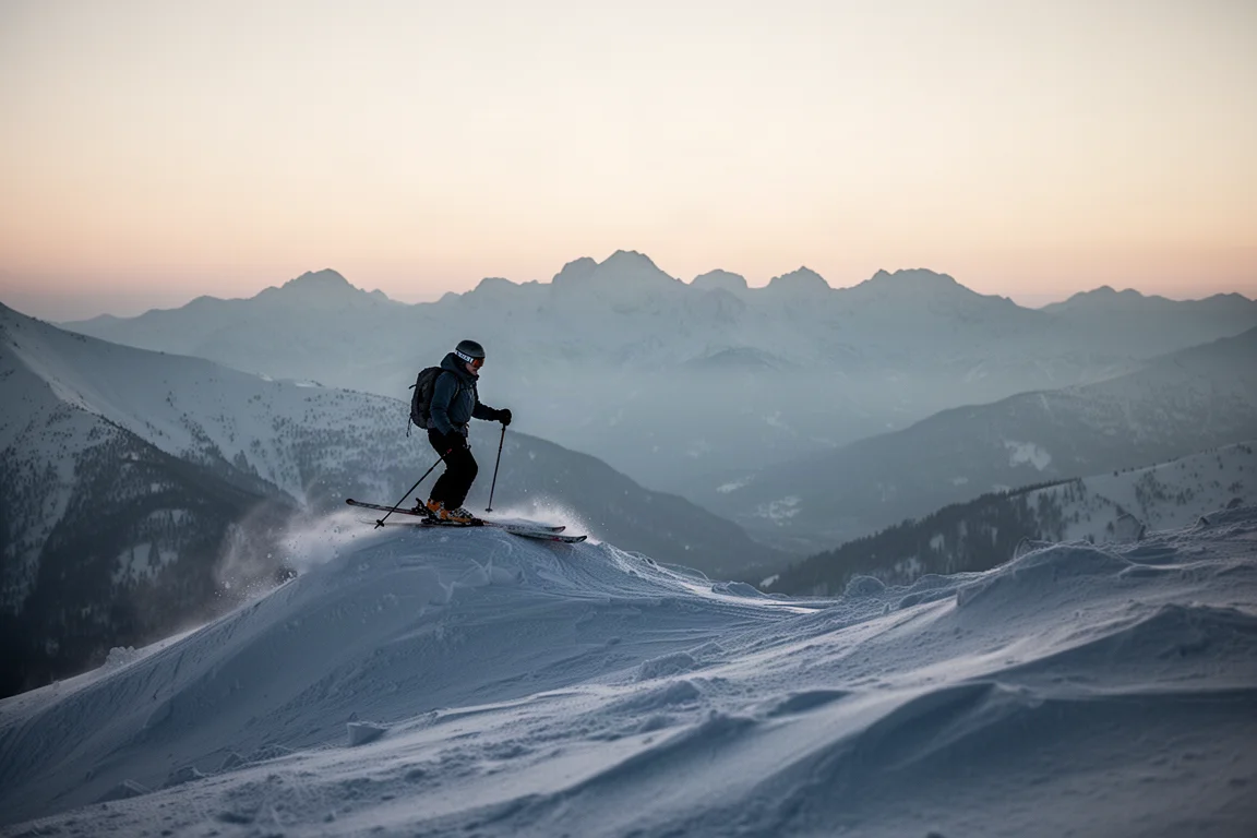 Skifahrer steht in der Abenddämmerung auf einem Bergrücken mit Pulverschnee und fernen Gipfeln
