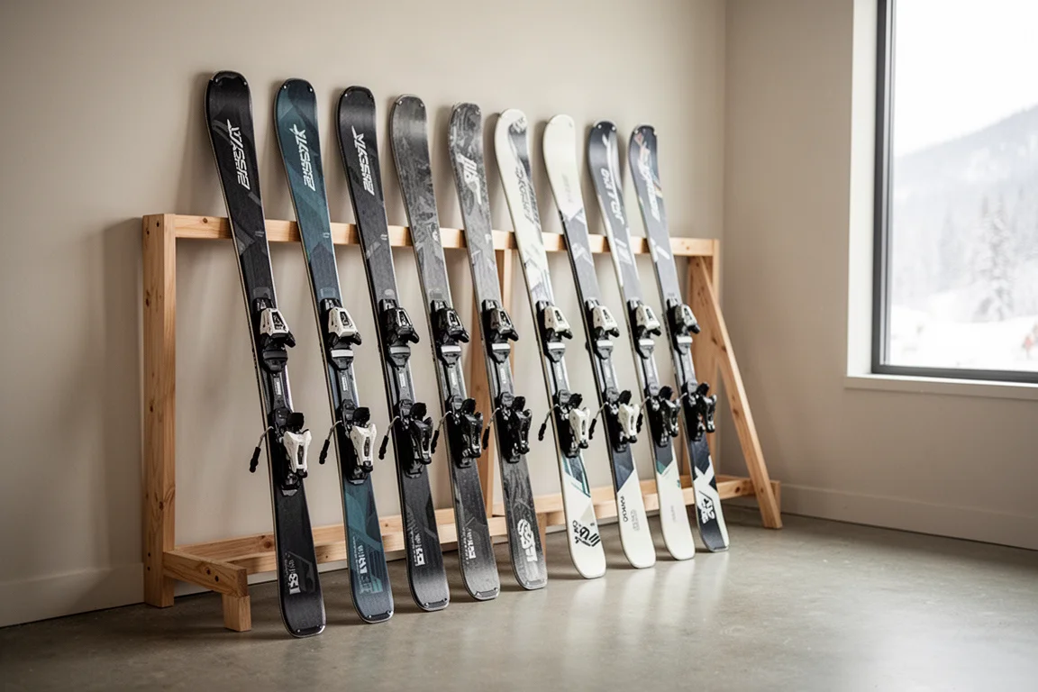 Reihe von Skis, die im Verleihraum an einem hölzernen Skiständer lehnen