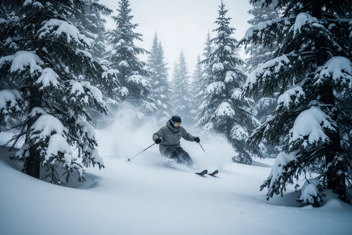 Skifahrer schlängeln sich bei weichem Pulverschnee durch einen engen baumbestandenen Hang