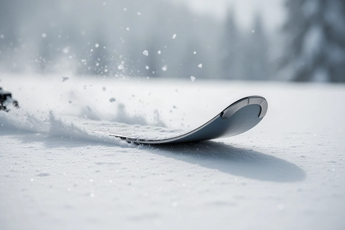Skikante zieht bei Morgenlicht einen sauberen Bogen durch frisch präparierten Schnee