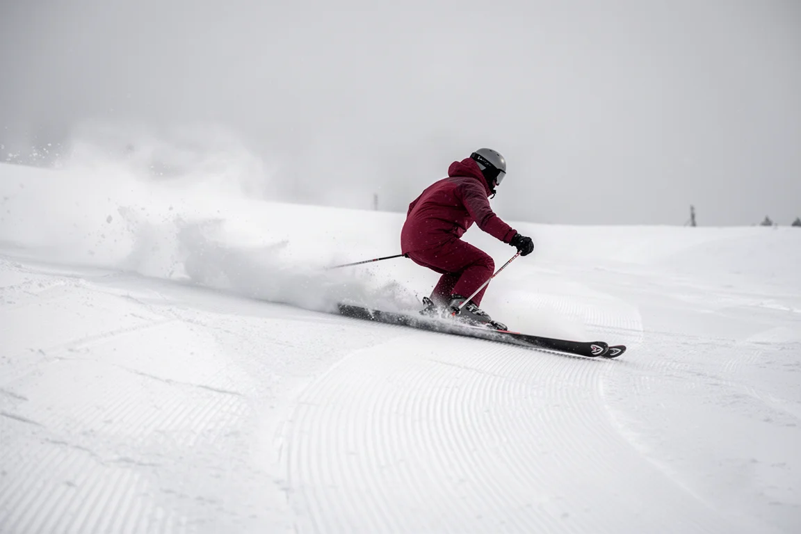 Das Heck eines Twin-Tip-Skis löst bei weichem, zerfahrenem Schnee aus einer Kurve aus