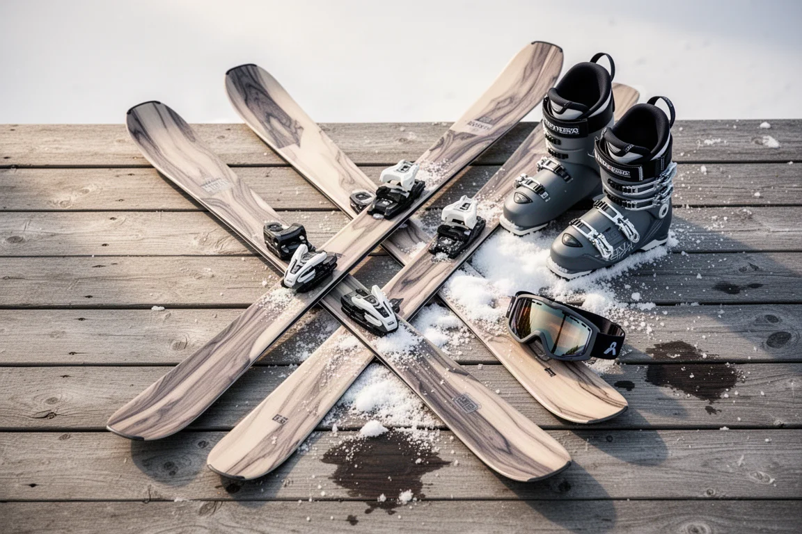 All-Mountain-Skier lehnen vor einer Lodge an einem hölzernen Skiständer
