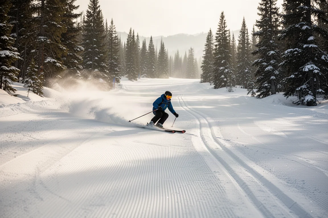 Skier arcing a carved turn on a groomed hardpack slope
