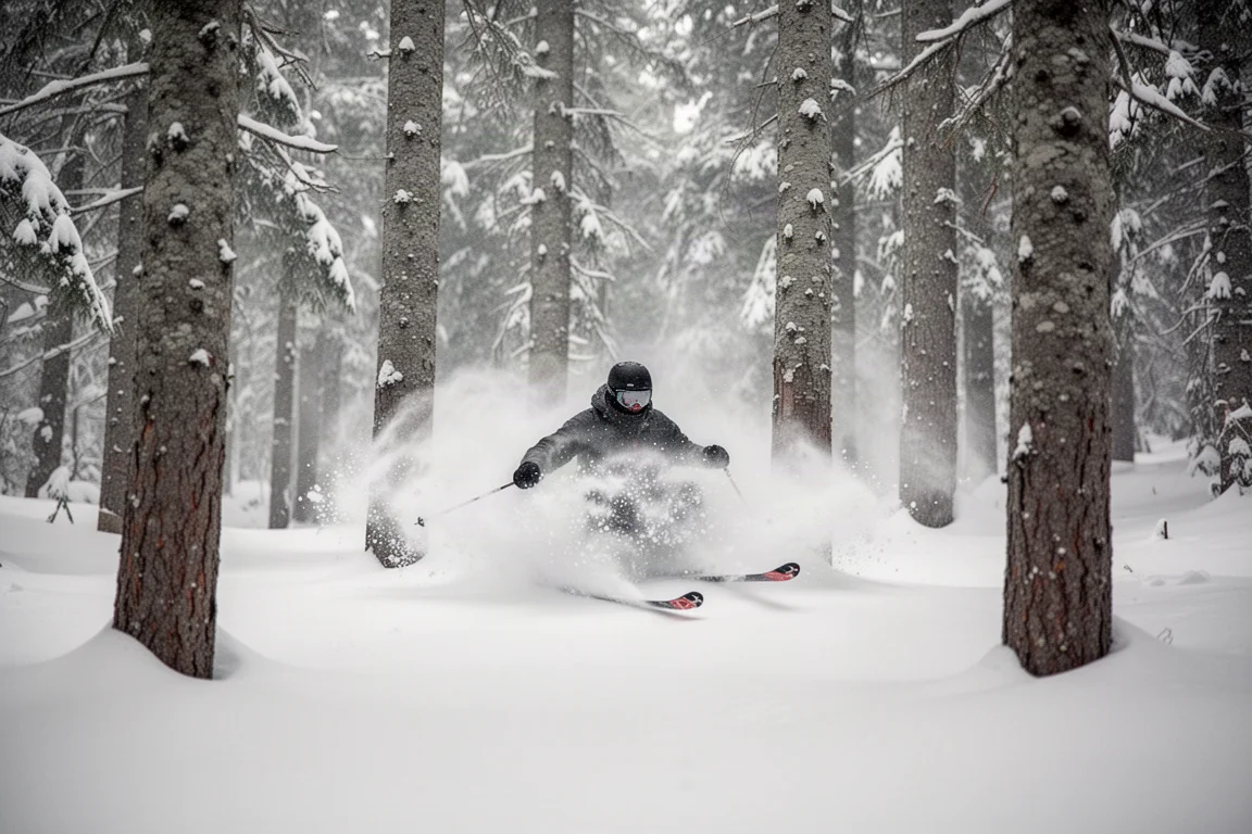 Skier floating through powder in a snowy glade
