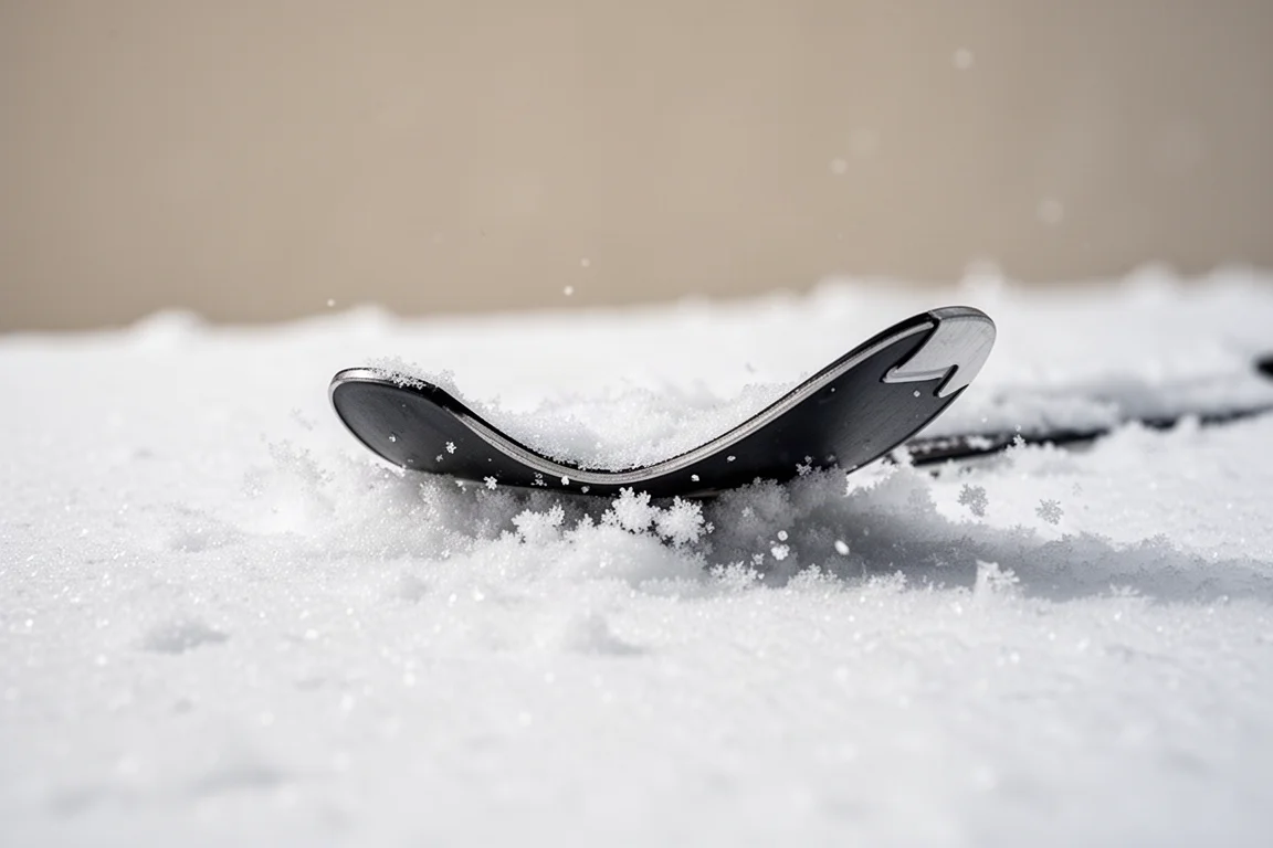 Close-up of a ski tip flexing in soft snow