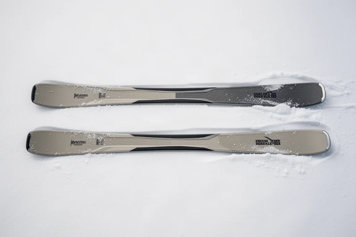 Two skis laid flat side by side on snow for comparison