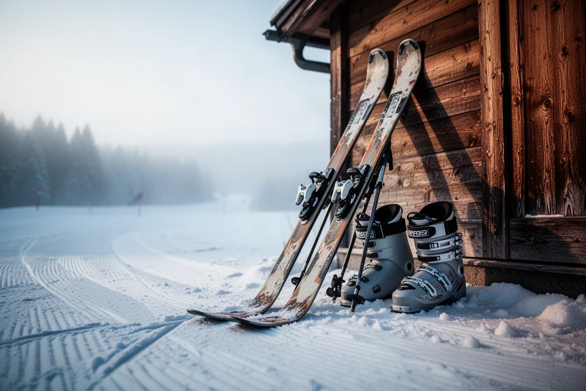 Twin-Tip-Skier und Skischuhe am Rand einer präparierten Piste im Morgenlicht