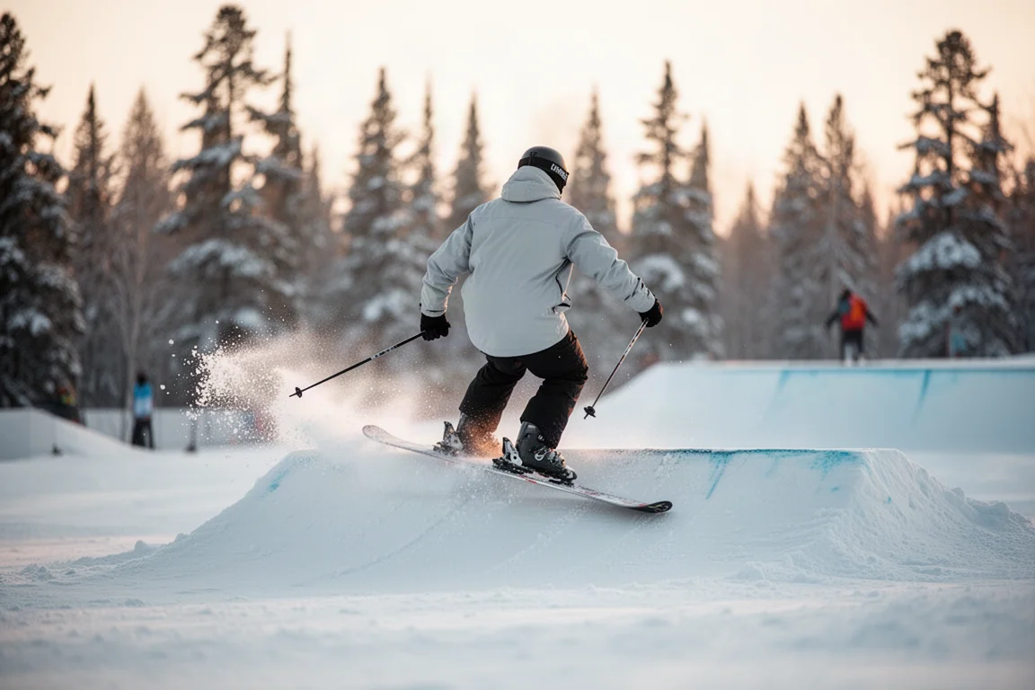 Skifahrer fährt Switch über ein kleines Snowpark-Element bei tiefem Nachmittagslicht
