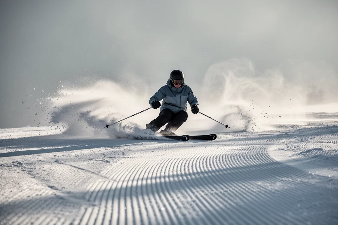 Skifahrer zieht auf frisch präparierter Piste einen langen Schwung mit leichtem Schneestrahl