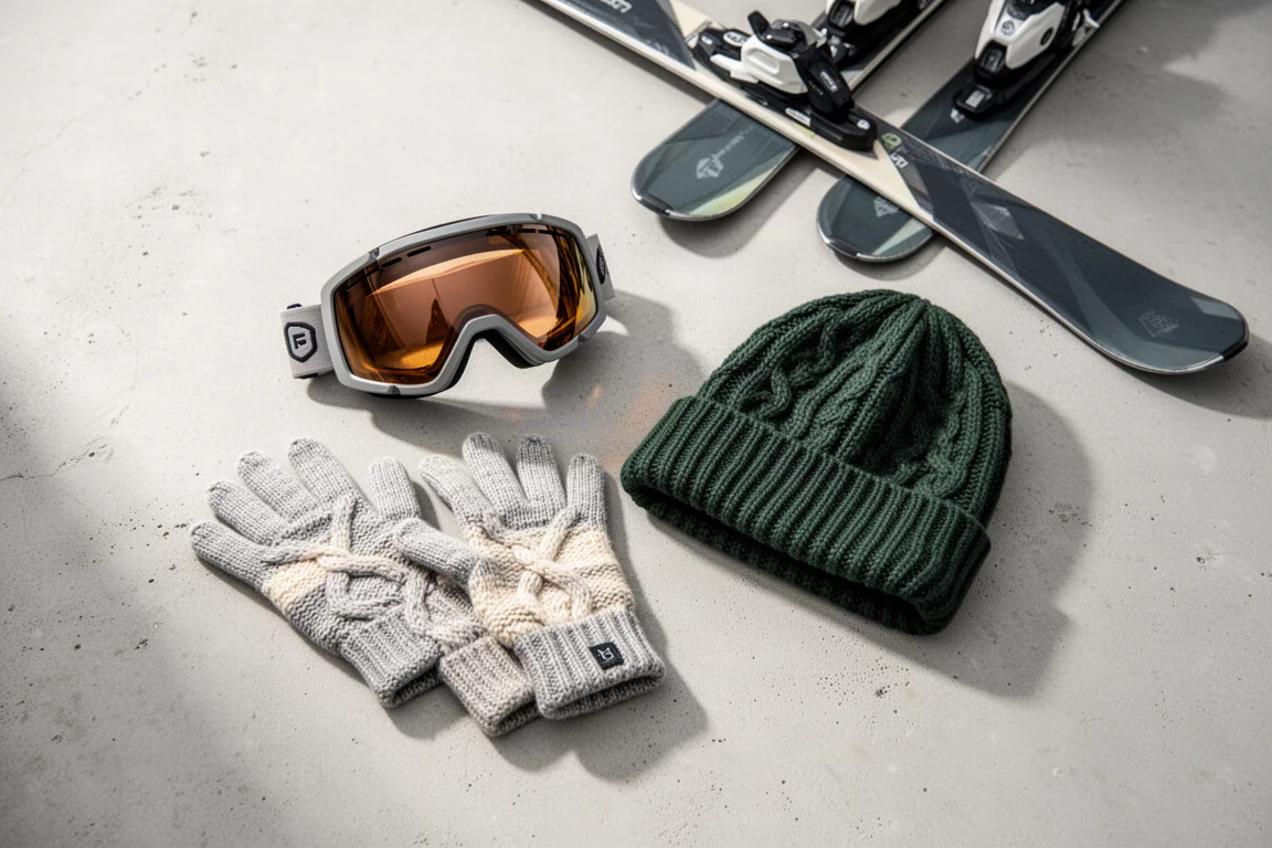 Skibrille, Handschuhe, Beanie und Skispitzen flach auf Beton aus dem Droit de seaborn fotografiert